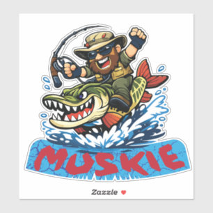 Muskie Angler Riding Muskie – Fishing Illustration Sticker