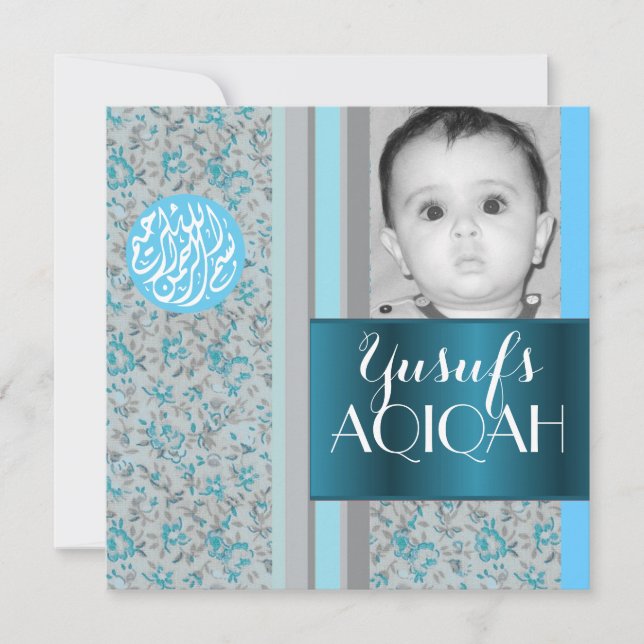 Muslim baby boy blue aqiqah photo invitation (Front)