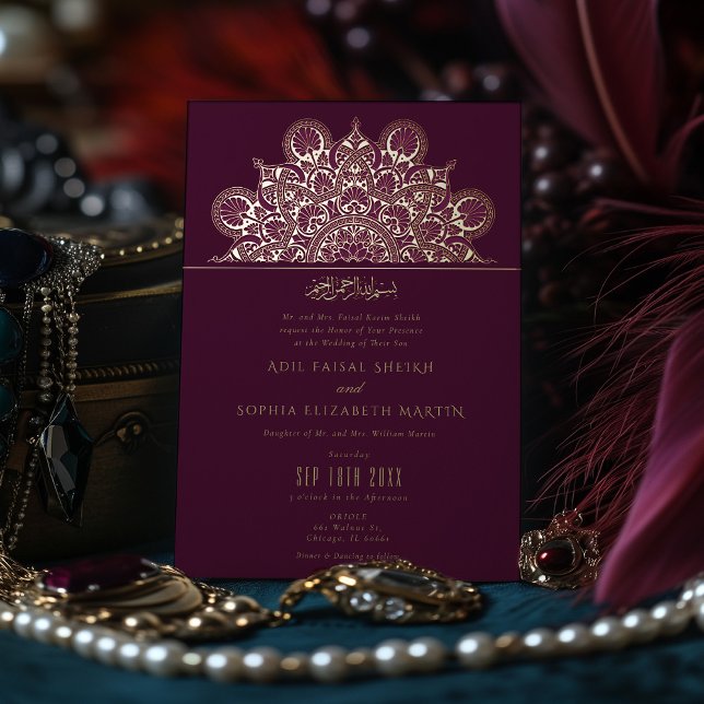 Muslim Burgundy Plum Gold Foil Mandala Wedding Foil Invitation (Creator Uploaded)