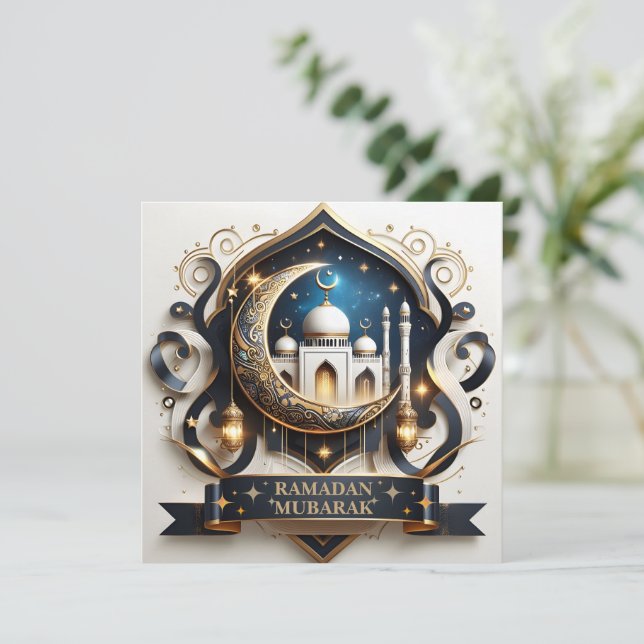 Muslim Eid Mubarak Crescent Moon Mosque Golden  Holiday Card (Standing Front)