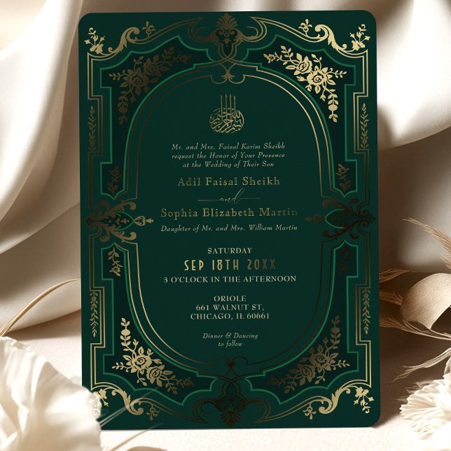 Muslim Emerald Elegance Gold Foil Wedding Invitation (Creator Uploaded)