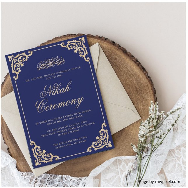 Muslim Nikah Blue Gold Islamic Wedding Invitation (Creator Uploaded)