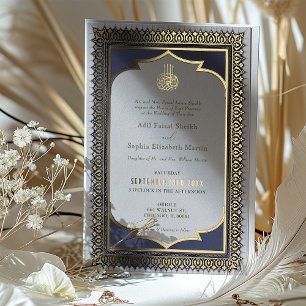 Muslim Ornamental Gold Blue Islamic Foil Wedding Invitation