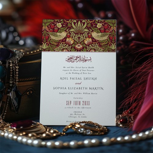 Muslim Red Strawberry Thief Islamic Wedding Invitation