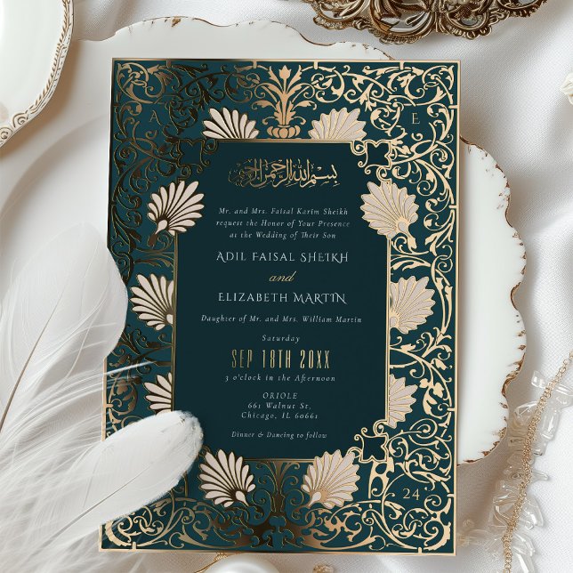 Muslim Teal & Gold Foil Accents Wedding Foil Invitation (Creator Uploaded)