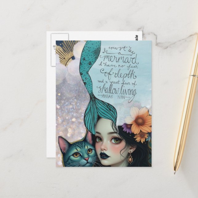 Must Be a Mermaid Mixed Media Collage Postcard (Front/Back In Situ)