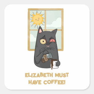 Must Have Coffee Unhinged Cat Pouring Java Square Sticker