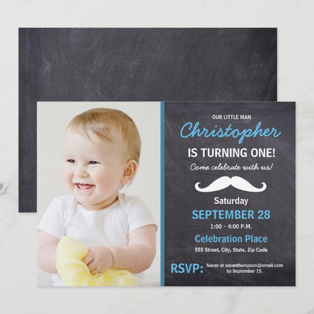 Mustache | 1st  birthday party | photo invitation (Front/Back)