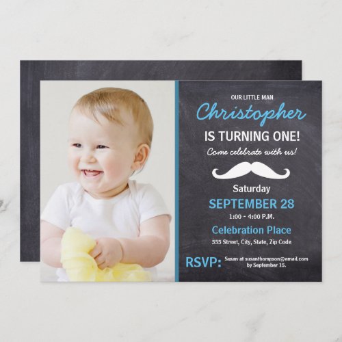 Mustache  1st  birthday party  photo invitation