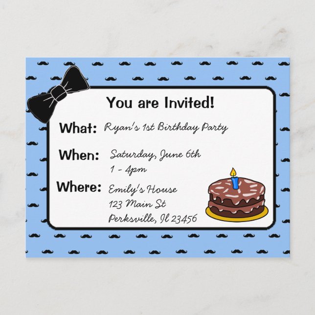 Mustache and Bow tie 1st Birthday Invitation Postcard (Front)