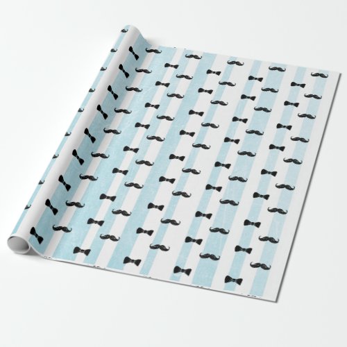 Mustache and Bow Tie Blue and White Striped Gift Wrapping Paper