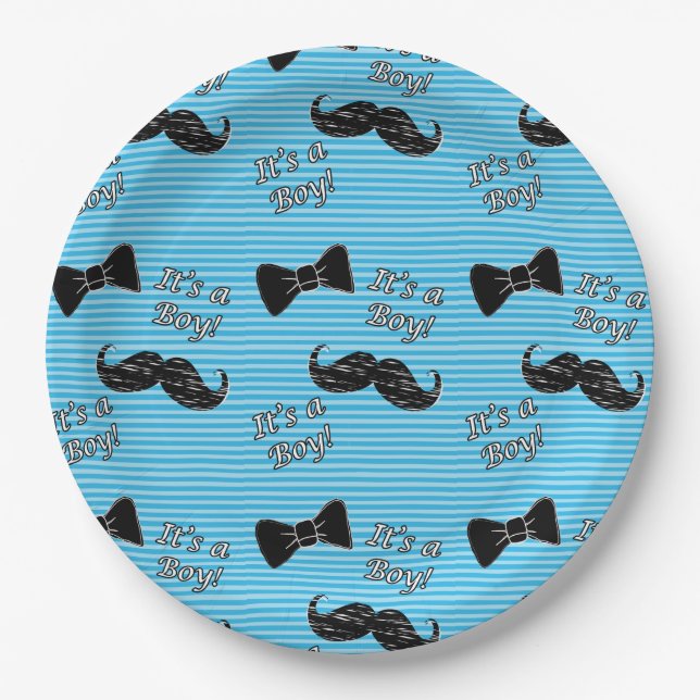 Mustache and Bowtie Blue Baby Shower Paper Plates (Front)