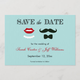 Mustache and Lips Aqua Stripe Save the Date Cards