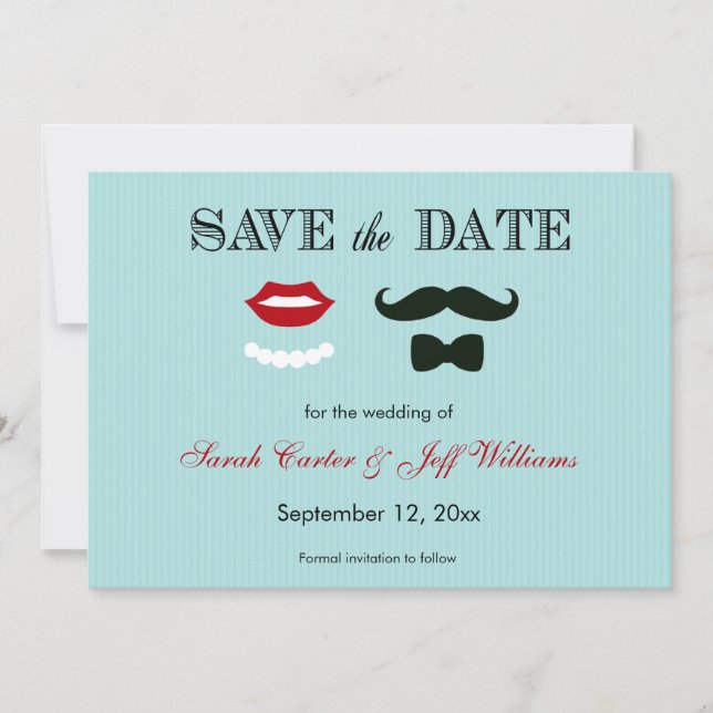 Mustache and Lips Aqua Stripe Save the Date Cards (Front)