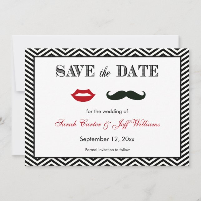 Mustache and Lips Chevron Save the Date Cards (Front)