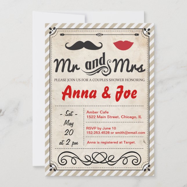 Mustache and Lips Couples Shower Invitation (Front)