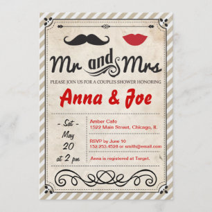Mustache and Lips Couples Shower Invitation