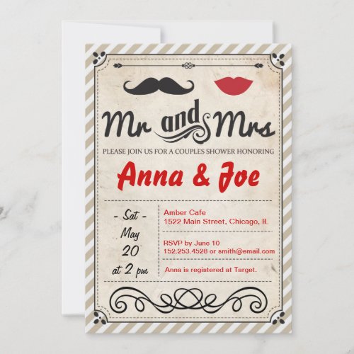 Mustache and Lips Couples Shower Invitation