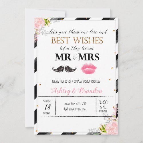 Mustache and lips couples shower invitation