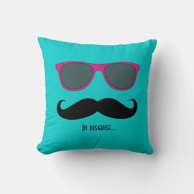 Mustache and Sunglasses Disguise Pink Teal Throw Pillow (Front)
