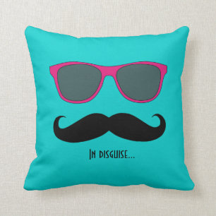 Mustache and Sunglasses Disguise Pink Teal Throw Pillow