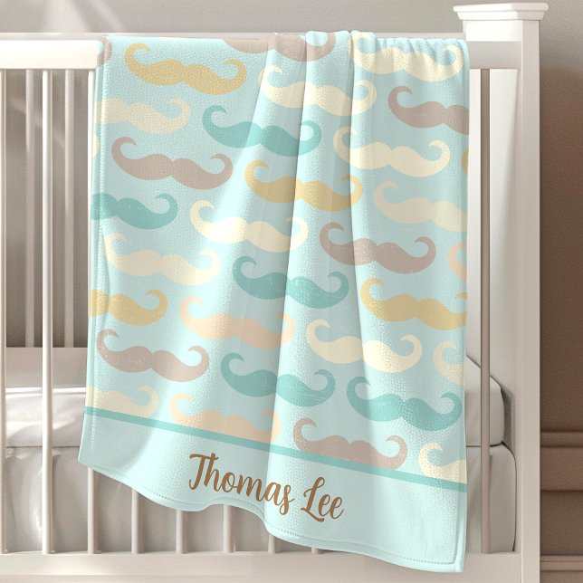 Mustache Baby Boy Personalized Name Baby Blanket (Creator Uploaded)