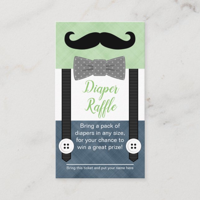 mustache baby diaper raffle ticket green navy blue enclosure card (Front)