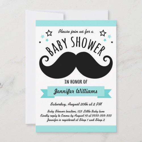 Mustache baby shower aqua blue invites