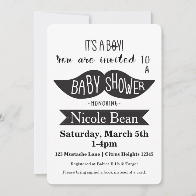 Mustache Baby Shower Black & White Invitations (Front)
