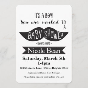 Mustache Baby Shower Black & White Invitations