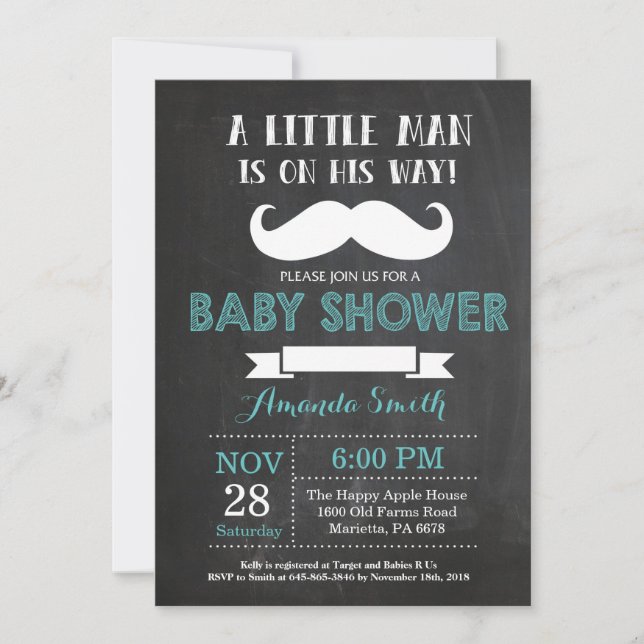 Mustache Baby Shower Invitation Aqua and Gray (Front)