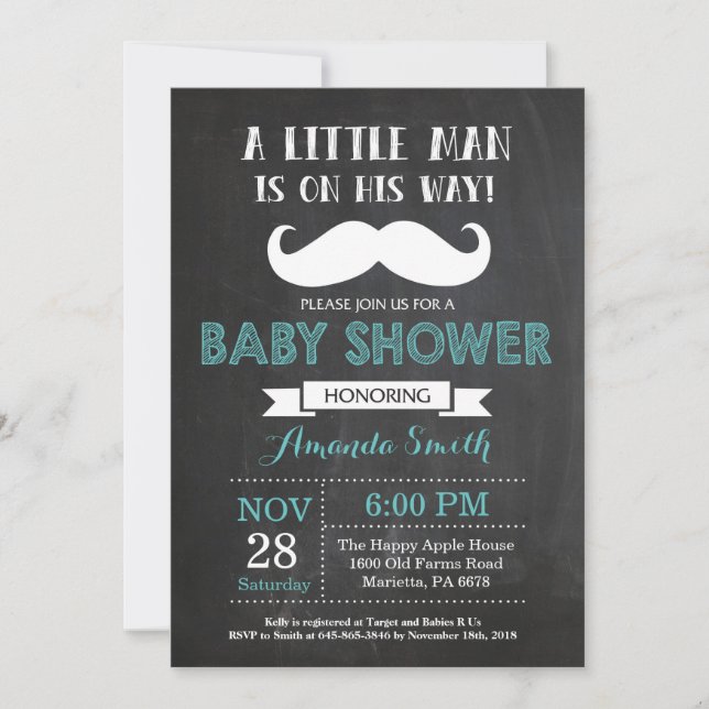 Mustache Baby Shower Invitation Aqua and Gray (Front)