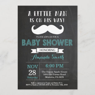 Mustache Baby Shower Invitation Aqua and Gray