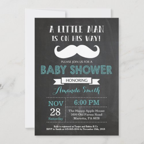Mustache Baby Shower Invitation Aqua and Gray