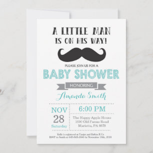 Mustache Baby Shower Invitation Aqua and Gray