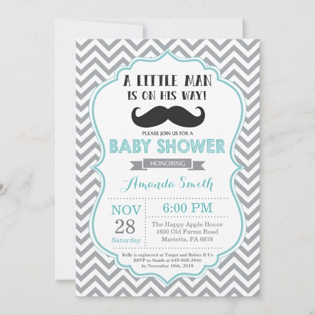 Mustache Baby Shower Invitation Aqua and Gray (Front)