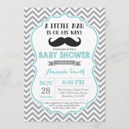 Mustache Baby Shower Invitation Aqua and Gray