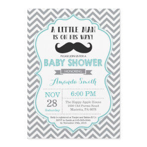 Mustache Baby Shower Invitation Aqua and Gray