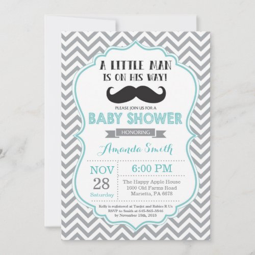 Mustache Baby Shower Invitation Aqua and Gray