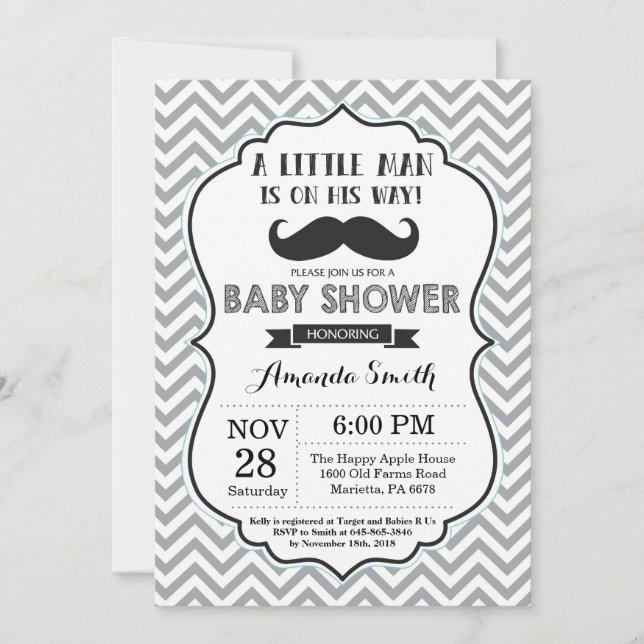 Mustache Baby Shower Invitation Black and Gray (Front)
