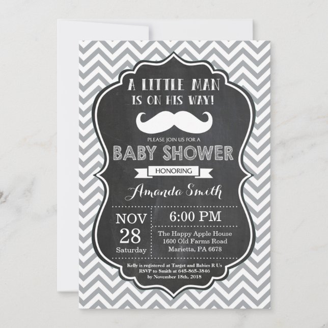 Mustache Baby Shower Invitation Black and Gray (Front)
