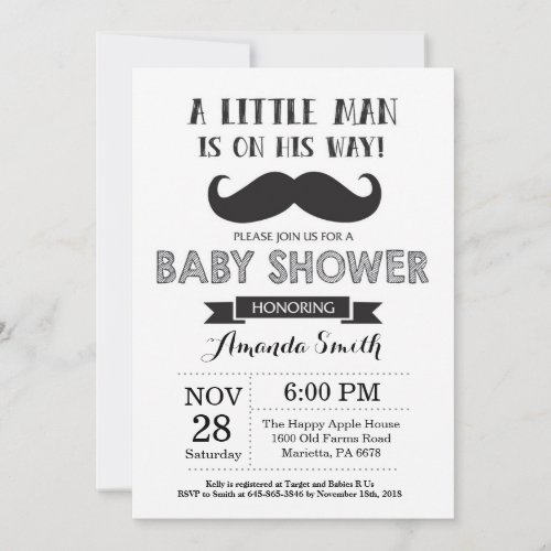 Mustache Baby Shower Invitation Black and Gray