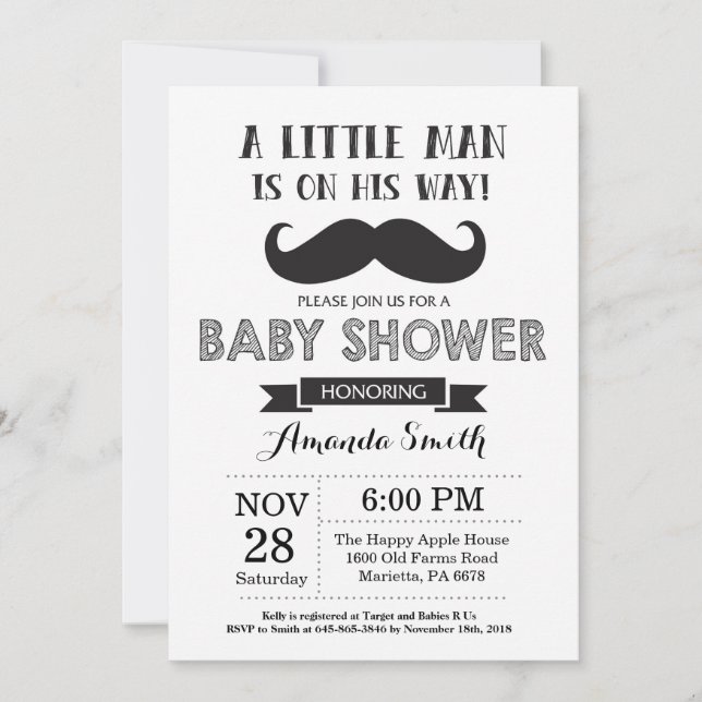 Mustache Baby Shower Invitation Black and Gray (Front)