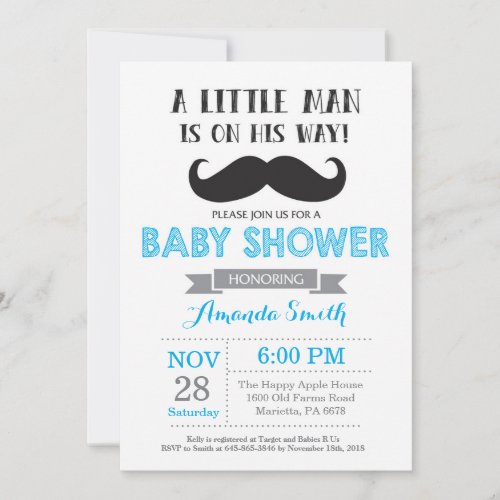 Mustache Baby Shower Invitation Blue and Gray