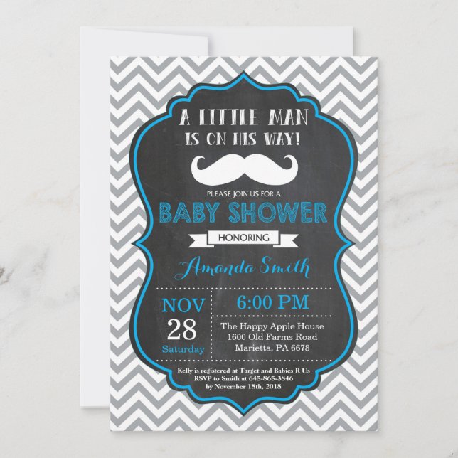 Mustache Baby Shower Invitation Blue and Gray (Front)