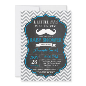 Mustache Baby Shower Invitation Blue and Gray