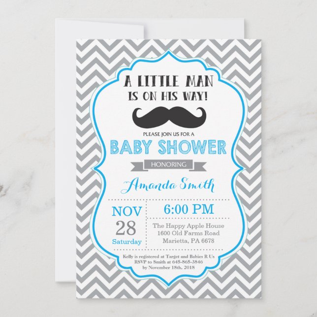 Mustache Baby Shower Invitation Blue and Gray (Front)
