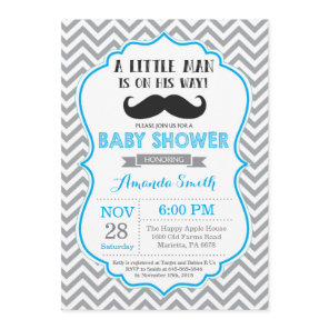 Mustache Baby Shower Invitation Blue and Gray