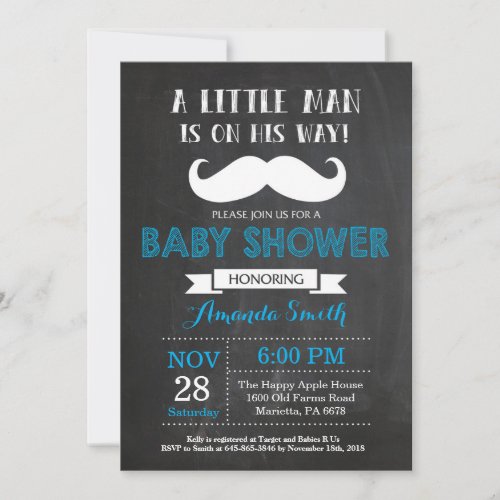 Mustache Baby Shower Invitation Blue and Gray