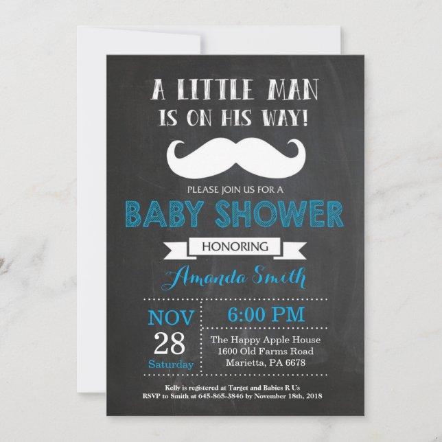 Mustache Baby Shower Invitation Blue and Gray (Front)